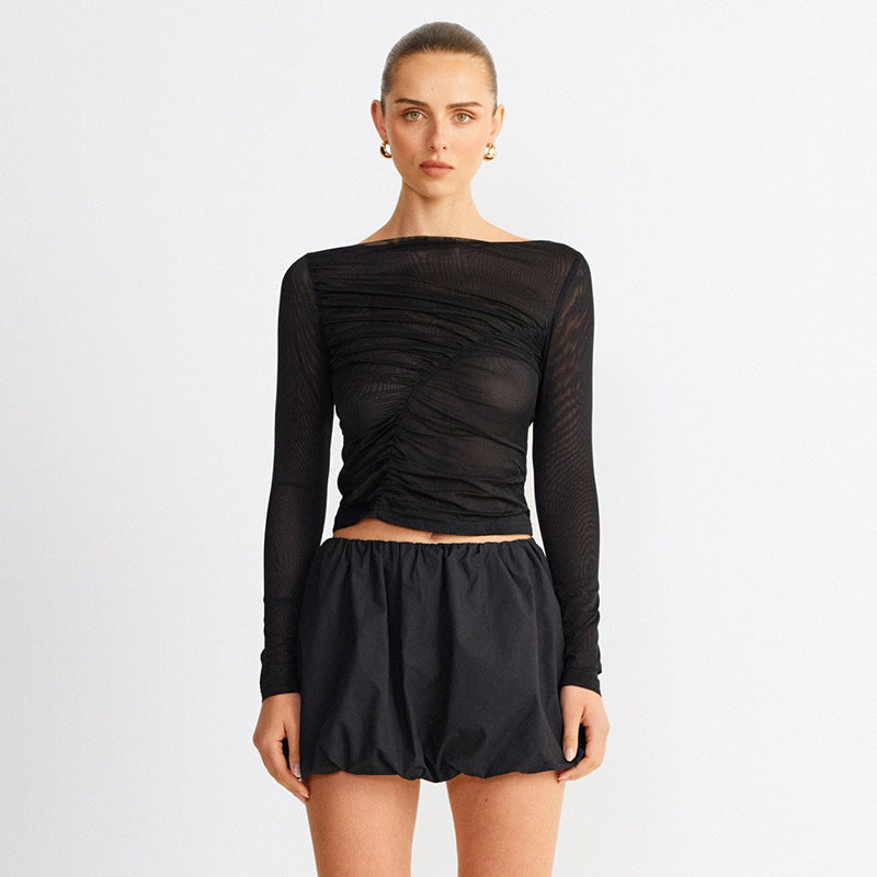 Damen elegantes Oberteil mit transparentem Design und drapiertem Stoff Sovae