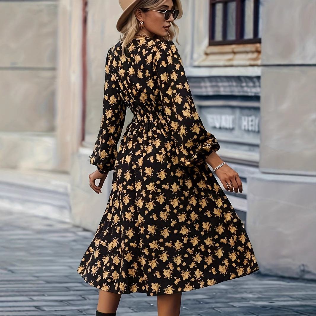 Damen Midikleid mit V-Ausschnitt und blumigem Design Sovae