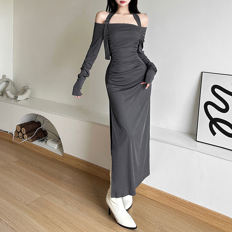 Damen Elegantes Maxikleid mit asymmetrischem Schulterdesign und raffinierten Rüschendetails Sovae