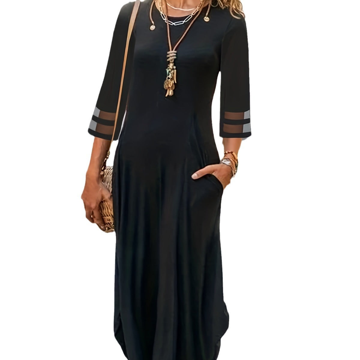 Damen lässiges Maxikleid mit durchscheinenden Ärmelabschlüssen Sovae