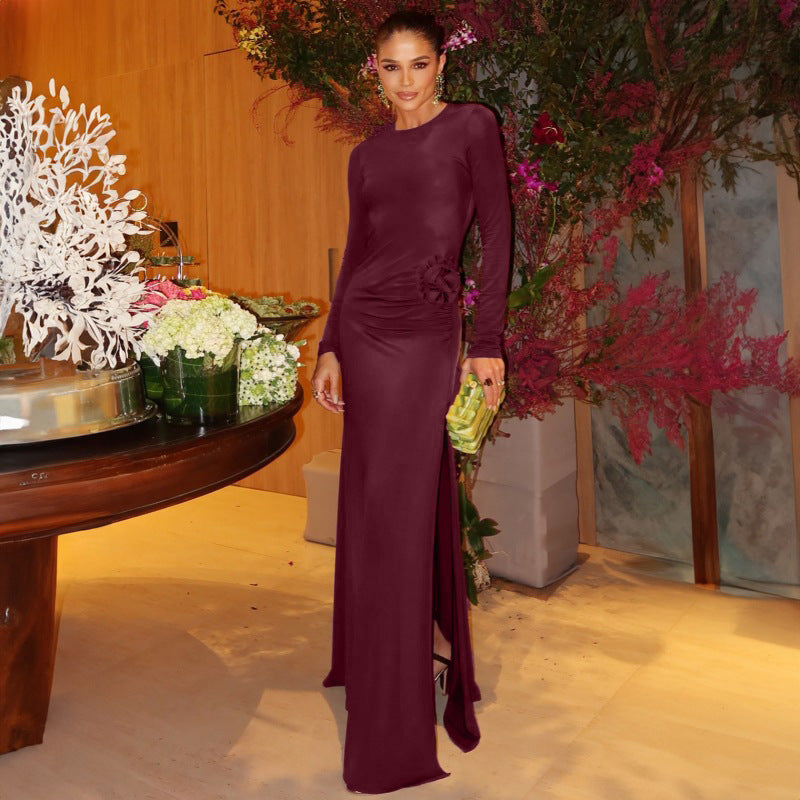 Damen Langarm Maxikleid mit dekorativer Raffung und femininem Detail Sovae