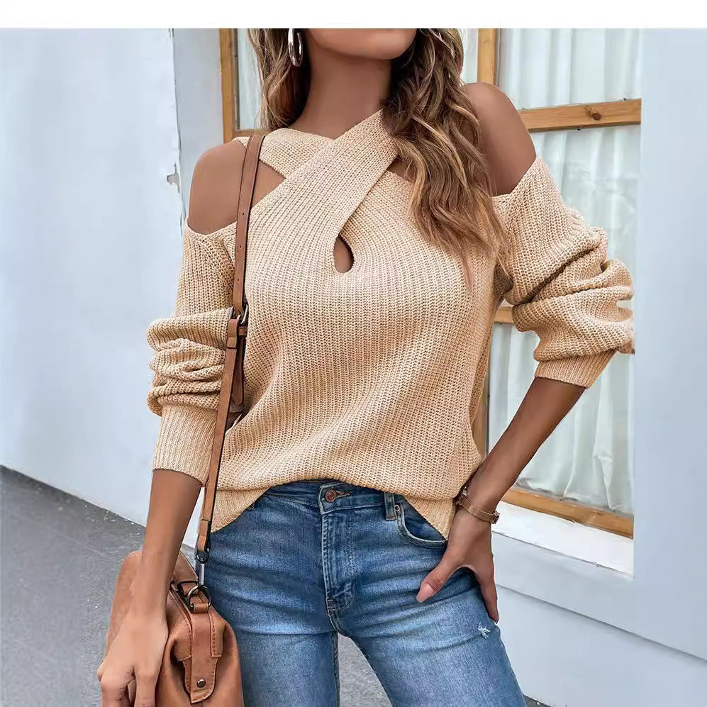 Damen Strickpullover mit asymmetrischem Ausschnitt und offenen Schultern Sovae