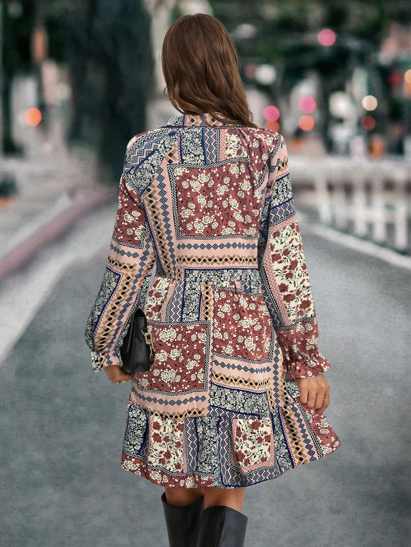Damen Boho-Minikleid mit langen Ärmeln und buntem Muster Sovae