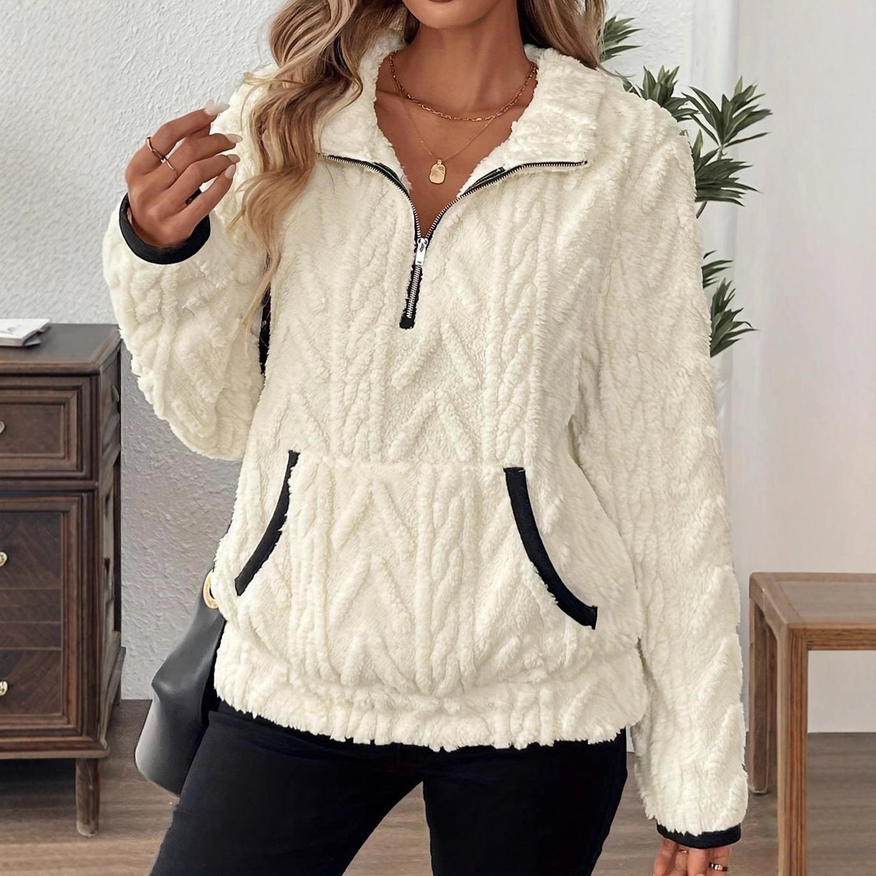 Damen modischer Fleece-Pullover mit halbem Reißverschluss und Taschen Sovae