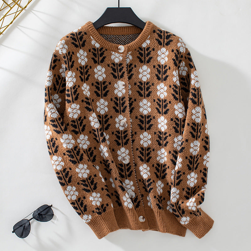 Damen Strickjacke mit floralem Muster und Knöpfen Sovae