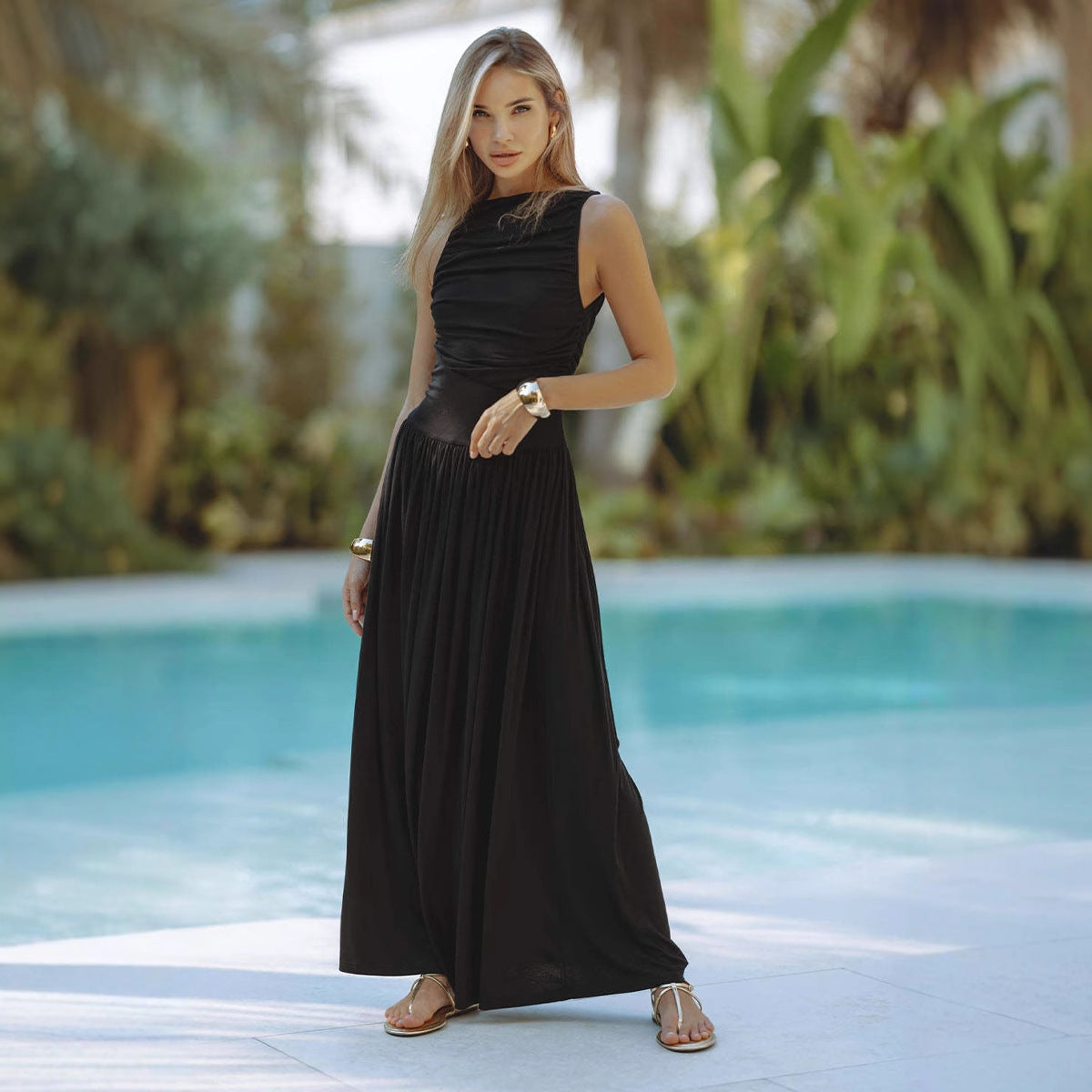 Damen elegantes, fließendes Maxikleid mit Raffungen Sovae