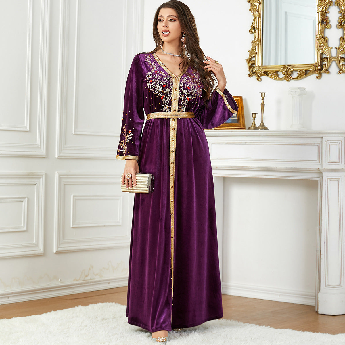 Damen Luxuriöses Samt-Kleid mit kunstvoller Bestickung Sovae