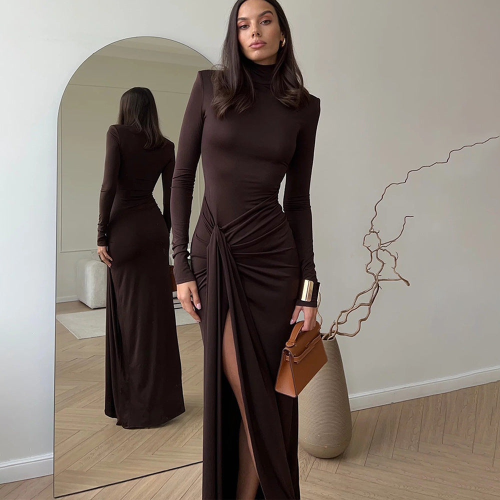 Damen Maxi-Kleid mit strukturiertem Wickeldesign und hohem Schlitz Sovae