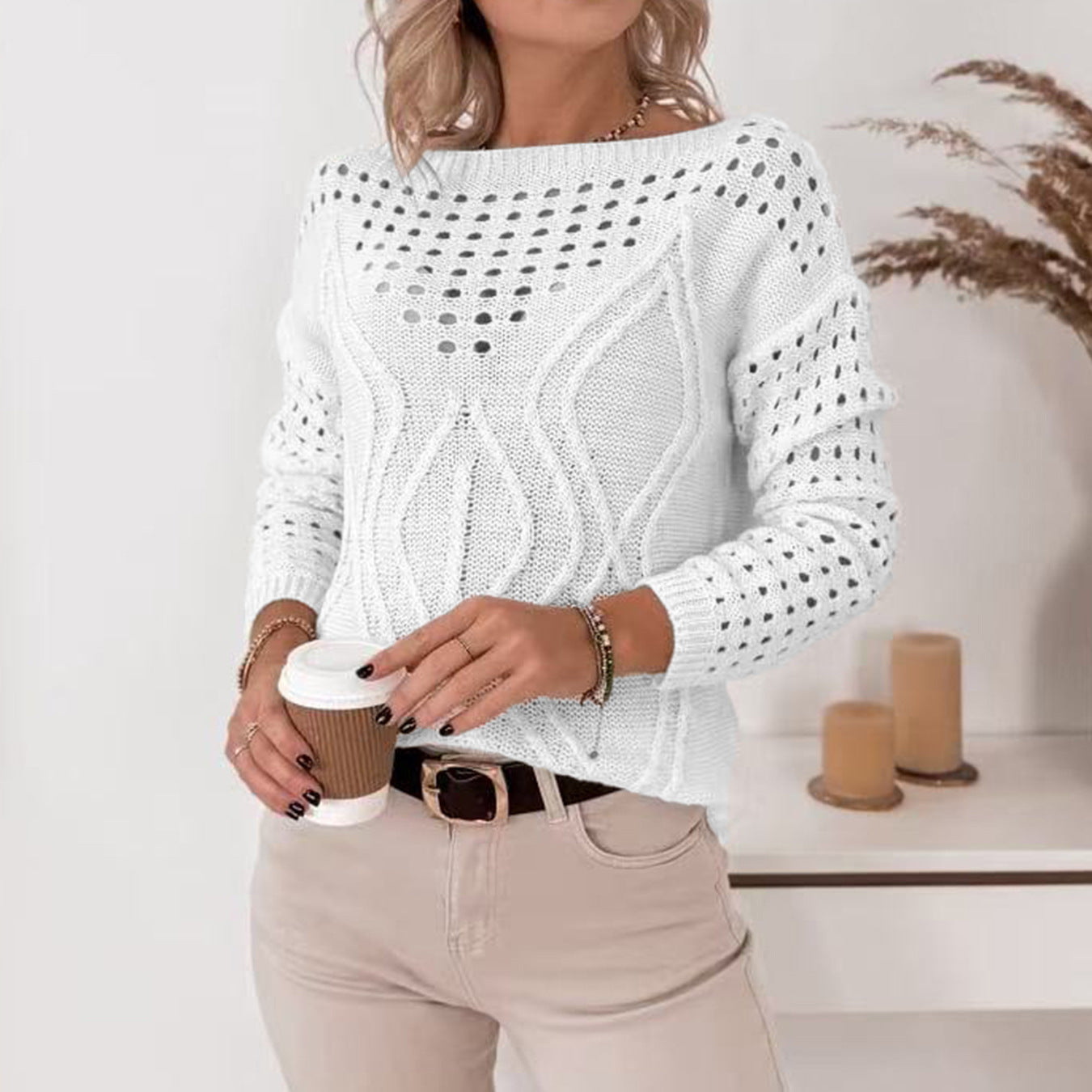 Damen Strickpullover mit luftigen Lochmustern und zartem Zopfdesign Sovae