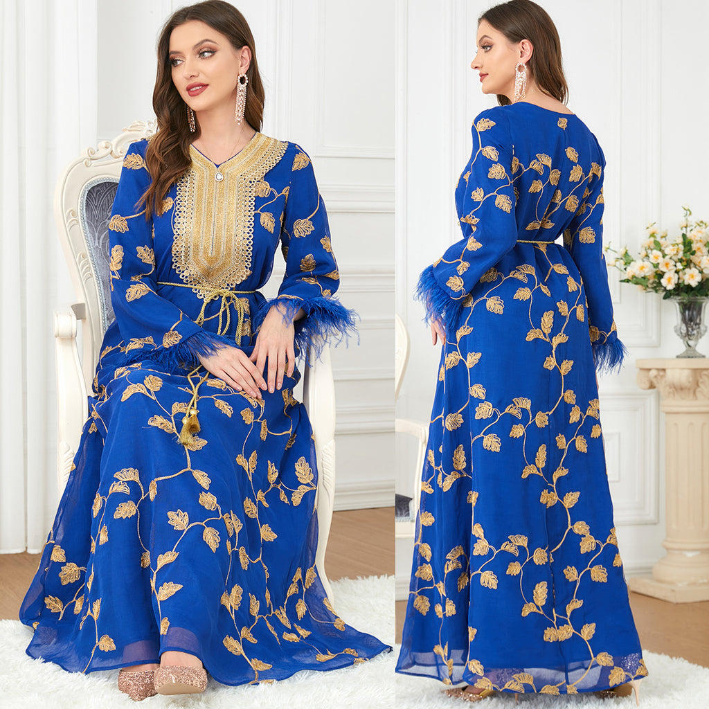 Damen Maxikleid mit luxuriöser floralem Stickerei und Gürtel Sovae