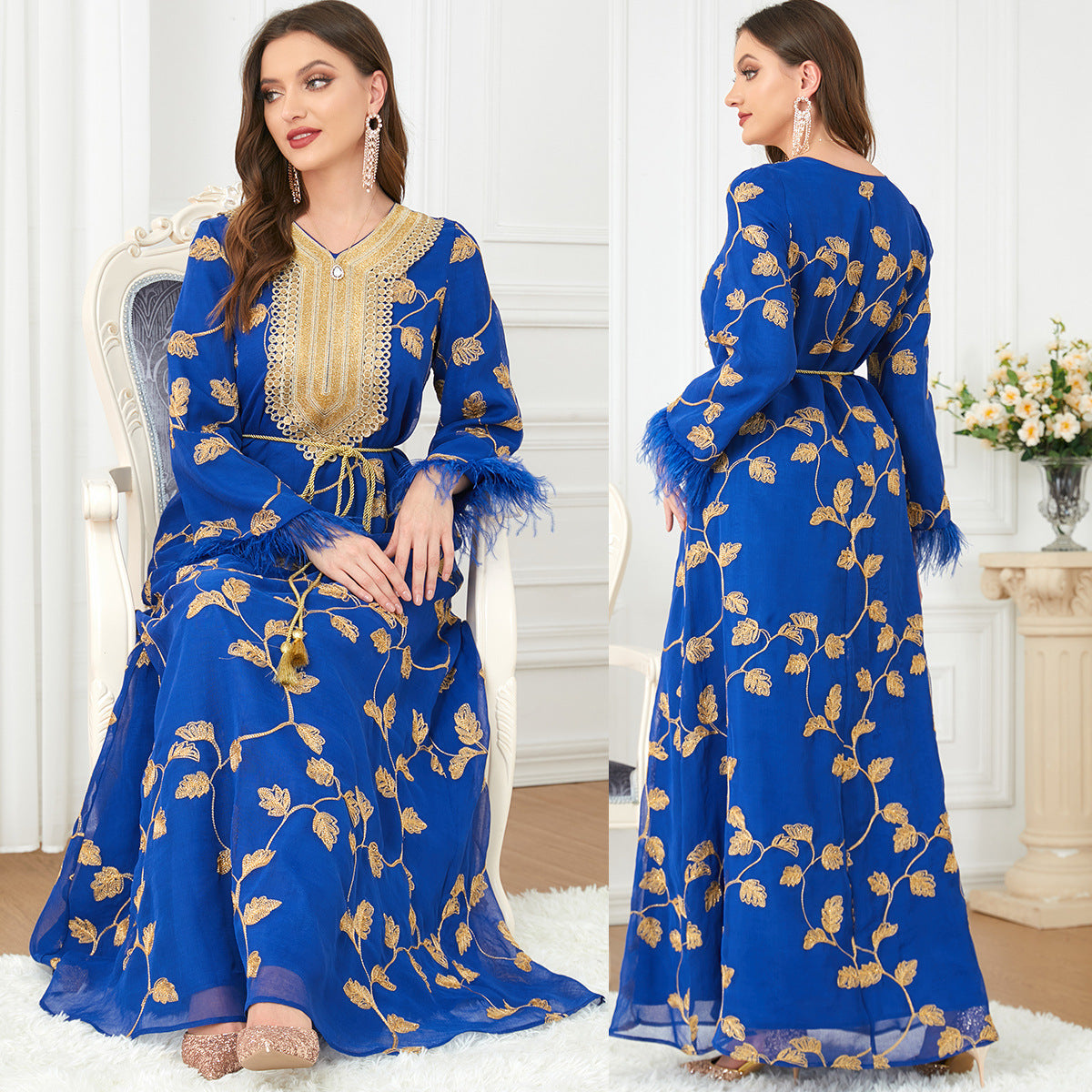 Damen Maxikleid mit luxuriöser floralem Stickerei und Gürtel Sovae