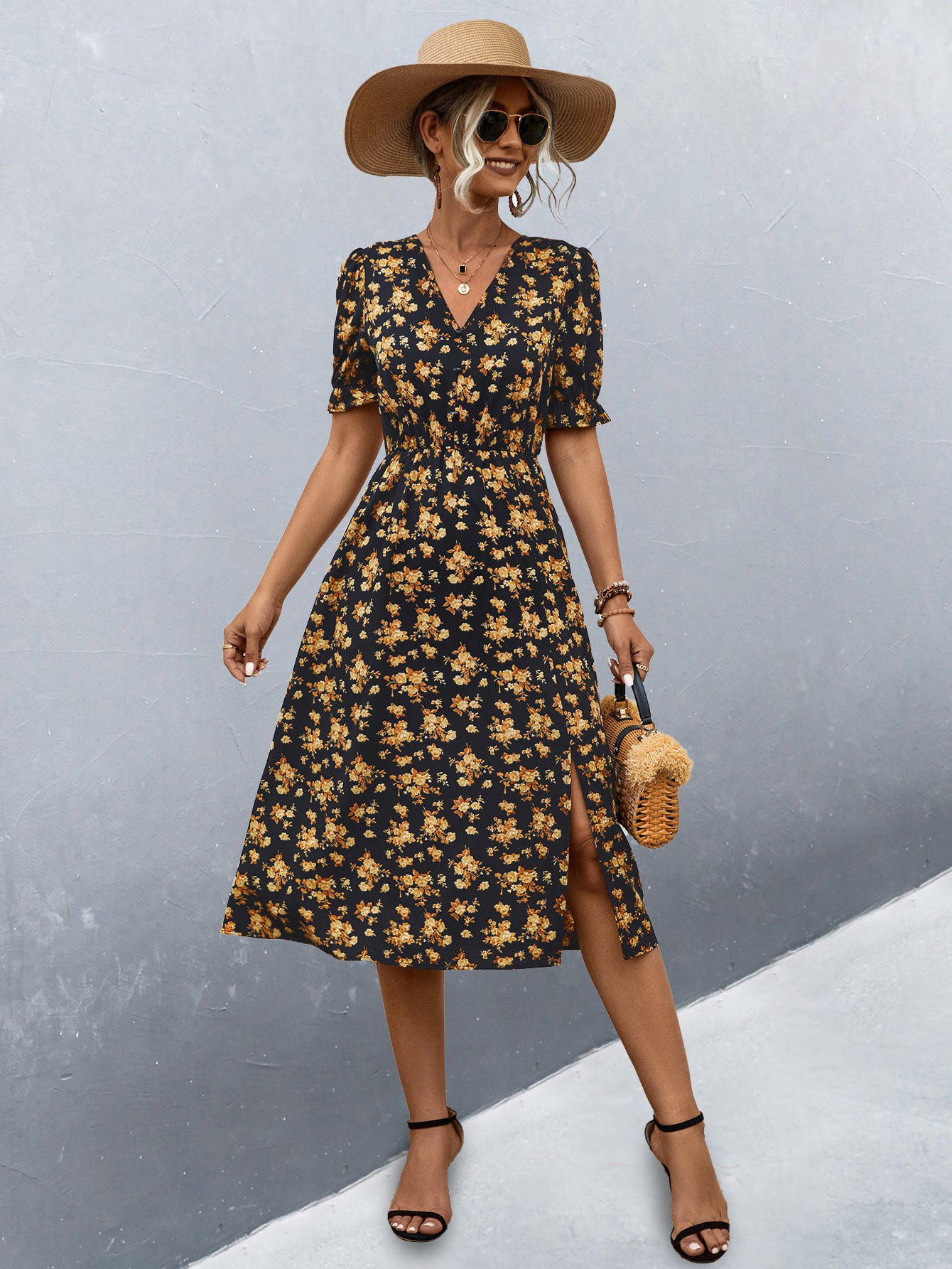 Damen midi Kleid mit floralen Mustern und seitlichem Schlitz Sovae