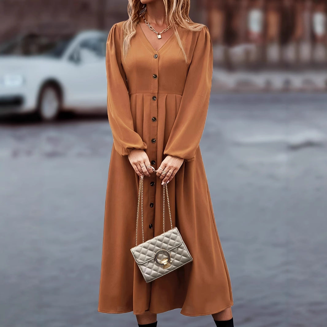 Damen Maxikleid mit V-Ausschnitt und Knopfdetails Sovae