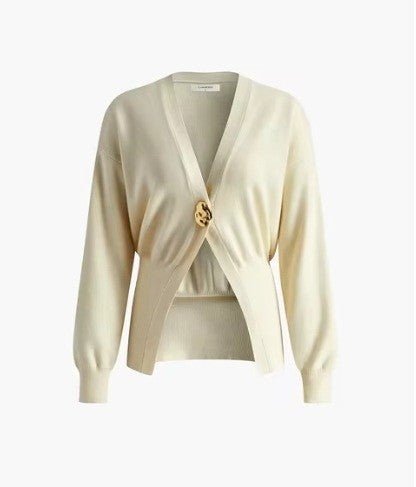 Damen elegante Strickjacke mit tiefem V-Ausschnitt und Knopfdetail Sovae