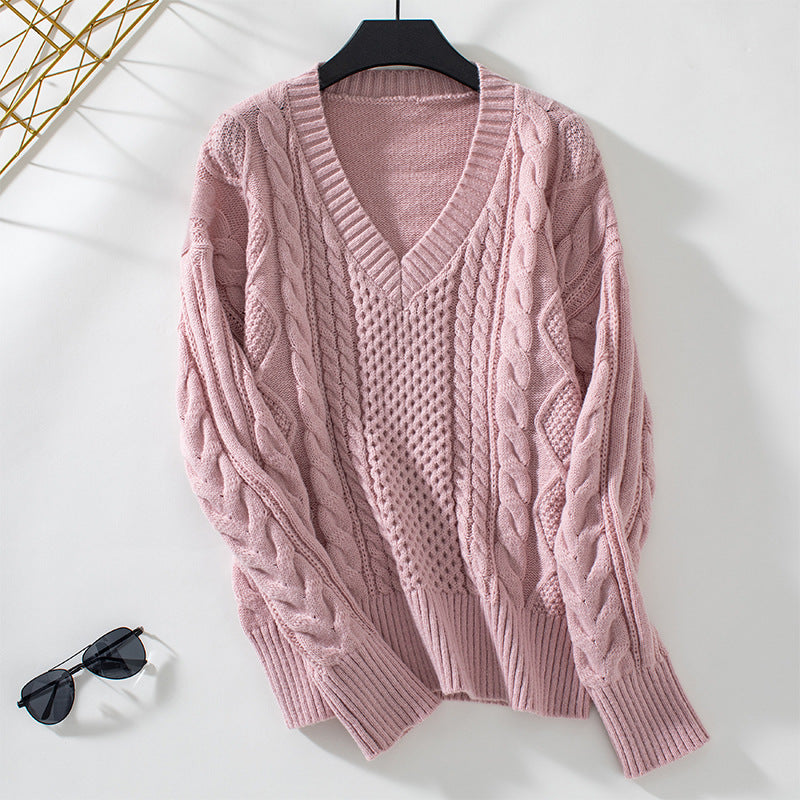 Damen modischer Strickpullover mit tiefem V-Ausschnitt und Zopfmuster Sovae