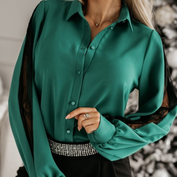 Damen Hemdbluse mit romantischen Spitzenärmeln Sovae