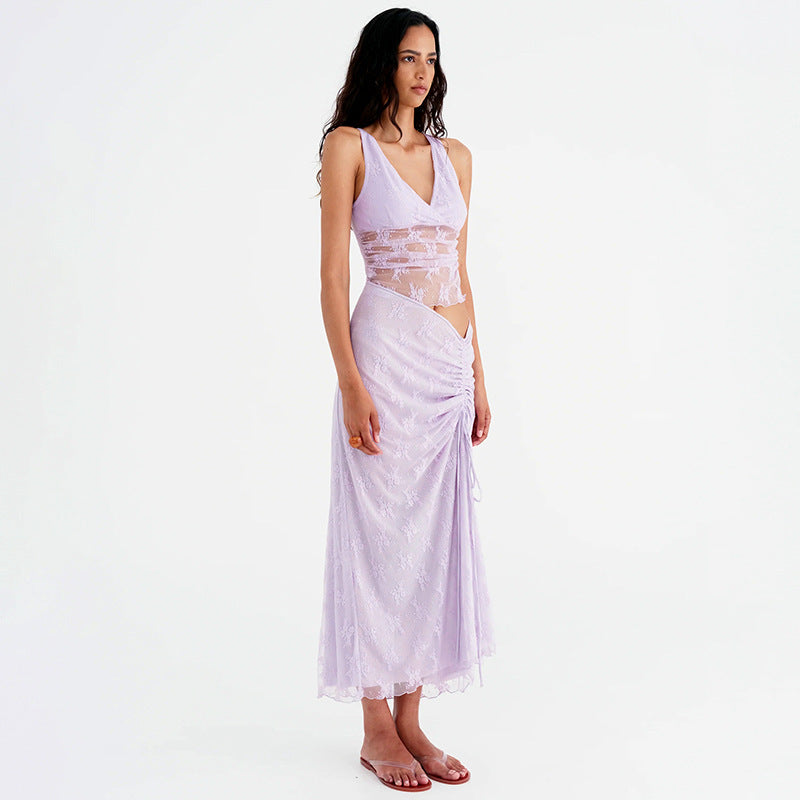 Damen elegantes Spitzen-Midi-Kleid mit asymmetrischem Schnitt Sovae