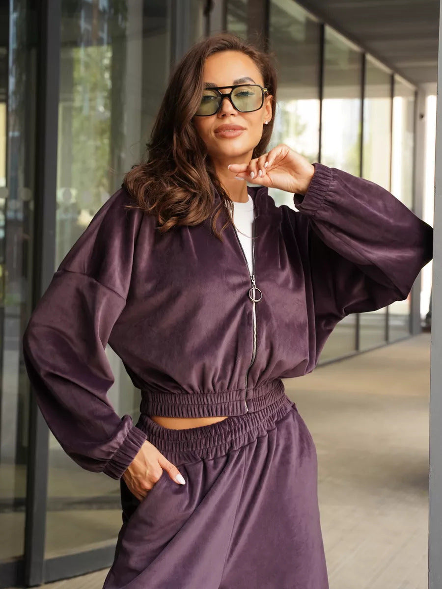 Damen sportlich-eleganter Fleece-Trainingsanzug mit hoher Taille und Reißverschluss Sovae