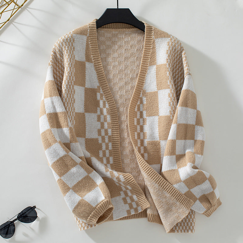 Damen lässige Strickjacke im modischen Karomuster Sovae
