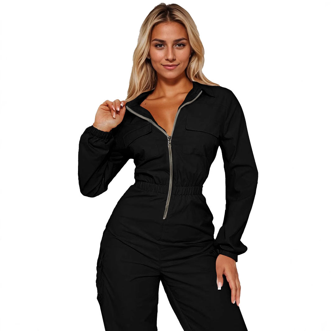 Damen Utility Jumpsuit mit Reißverschluss und Kordelzug Sovae