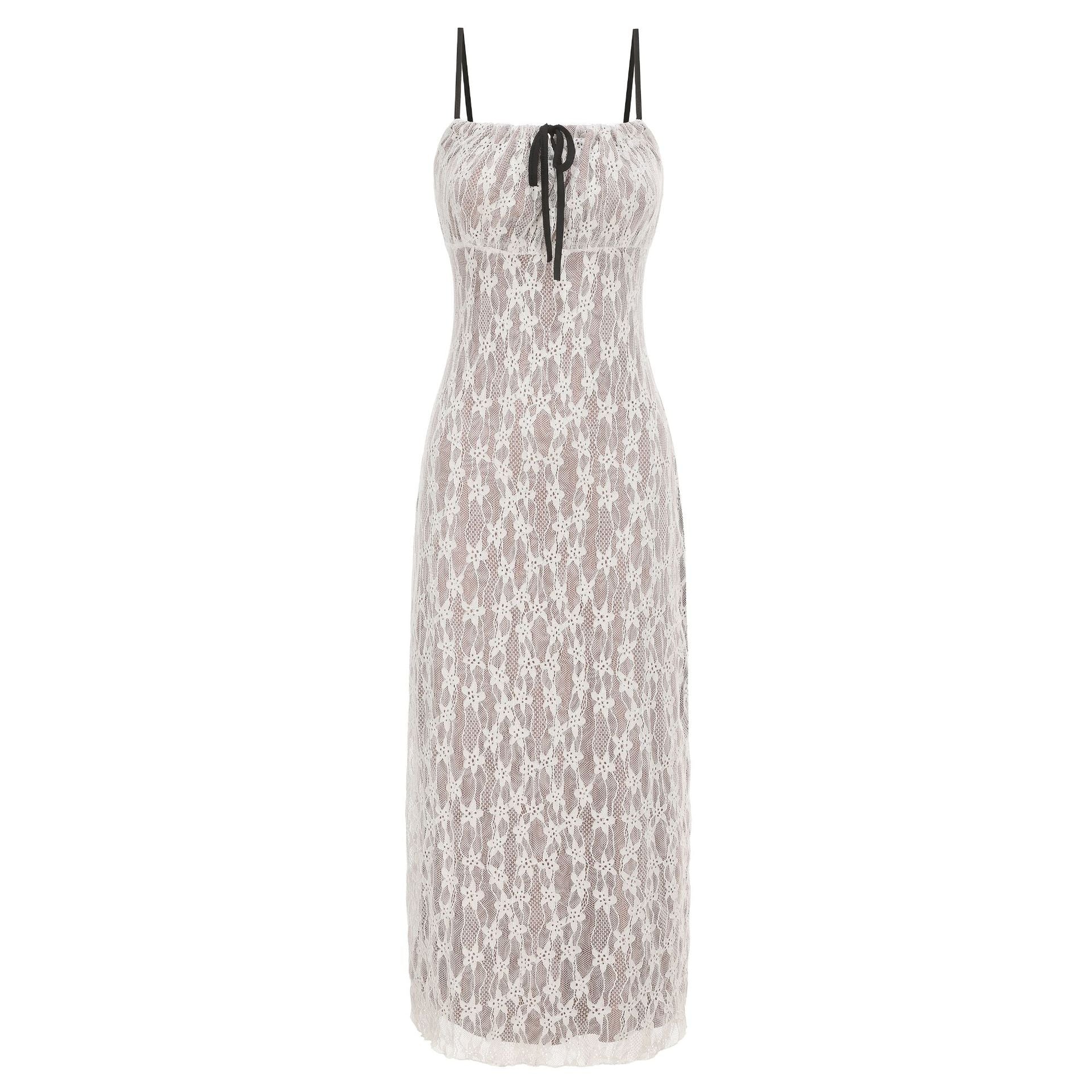 Damen Maxikleid aus zarter Spitze mit dekorativen Schnürdetails Sovae