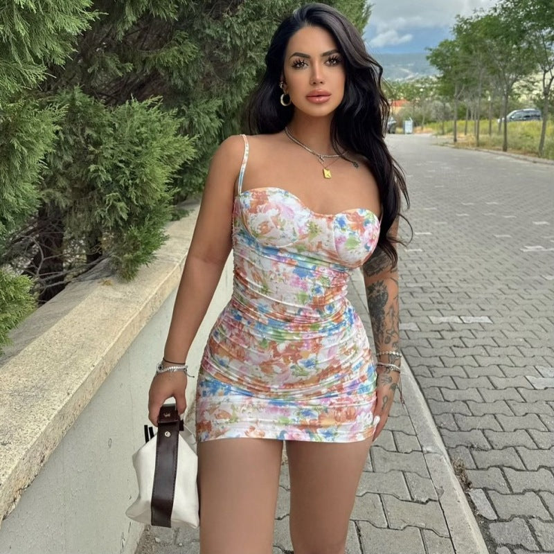 Damen Figurbetontes Blumenmuster Minikleid mit Raffung Sovae