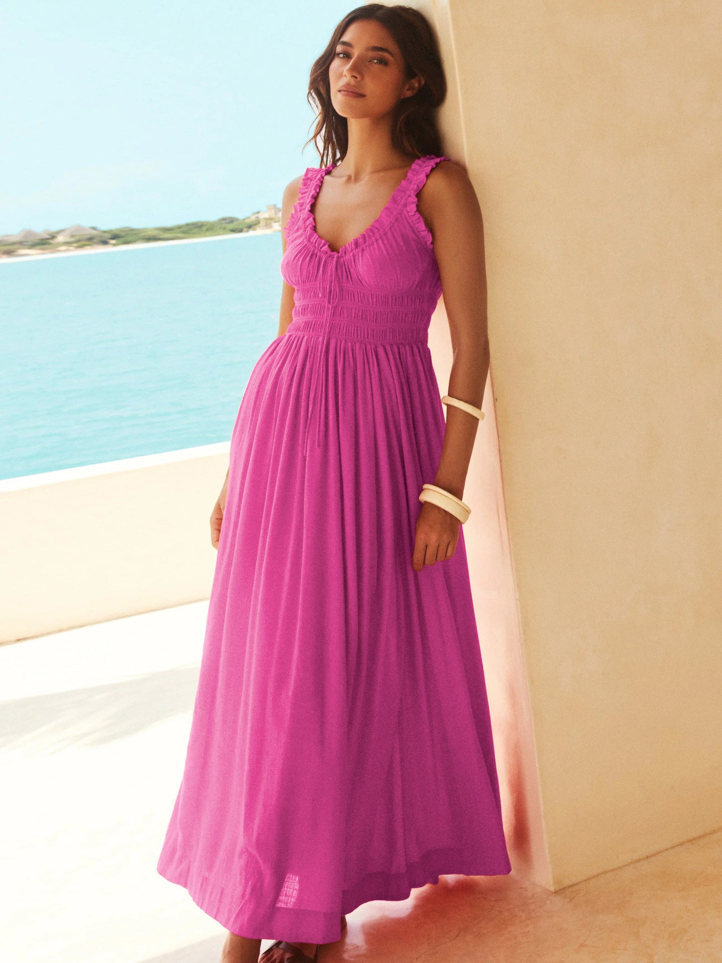 Damen Maxikleid mit Rüschendetails und taillierter Passform Sovae