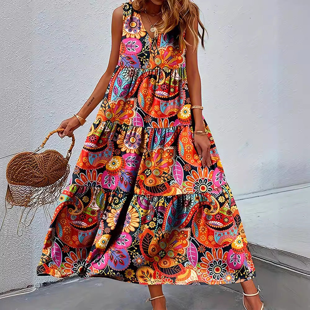 Damen Maxikleid mit floralen Mustern und voluminösem Schnitt Sovae