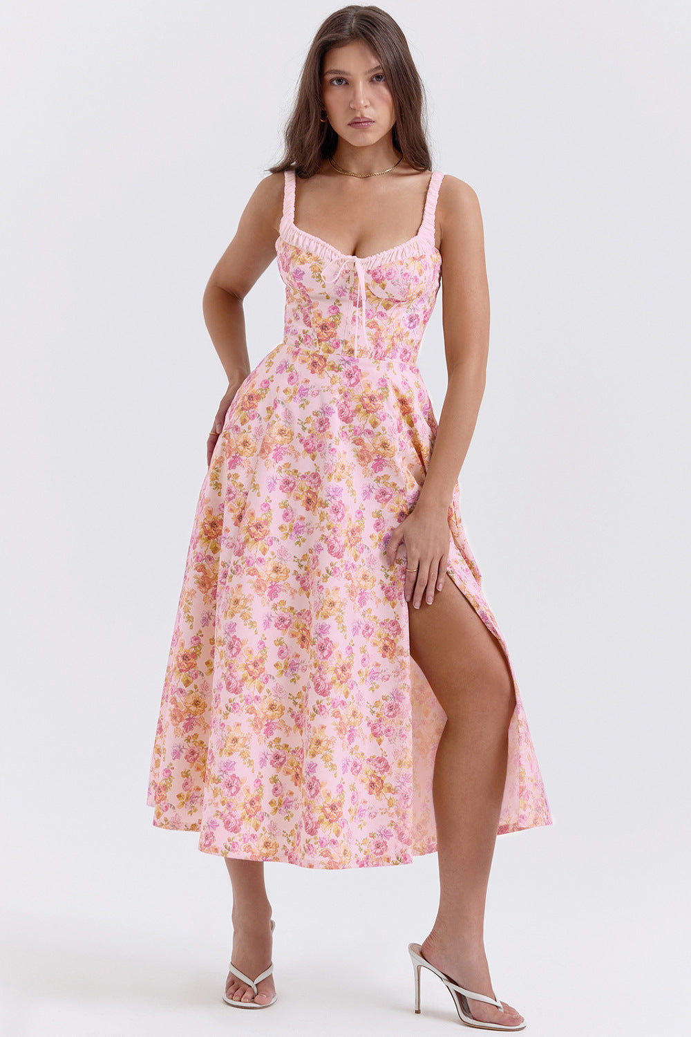 Damen Blühendes Sommer-Maxi-Kleid mit Spitze und gerafftem Oberteil Sovae