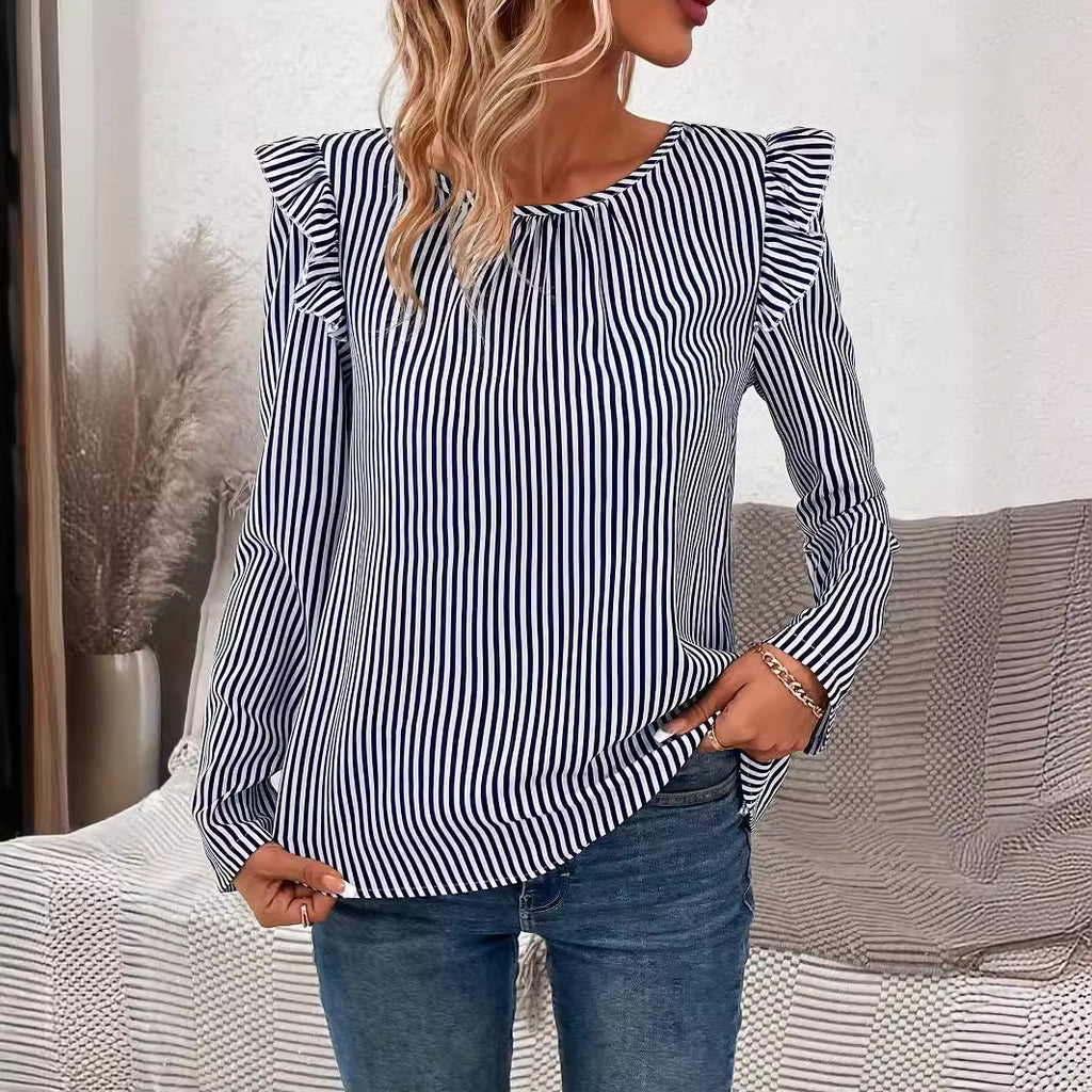 Damen Bluse mit Rüschen und gestreiftem Design Sovae