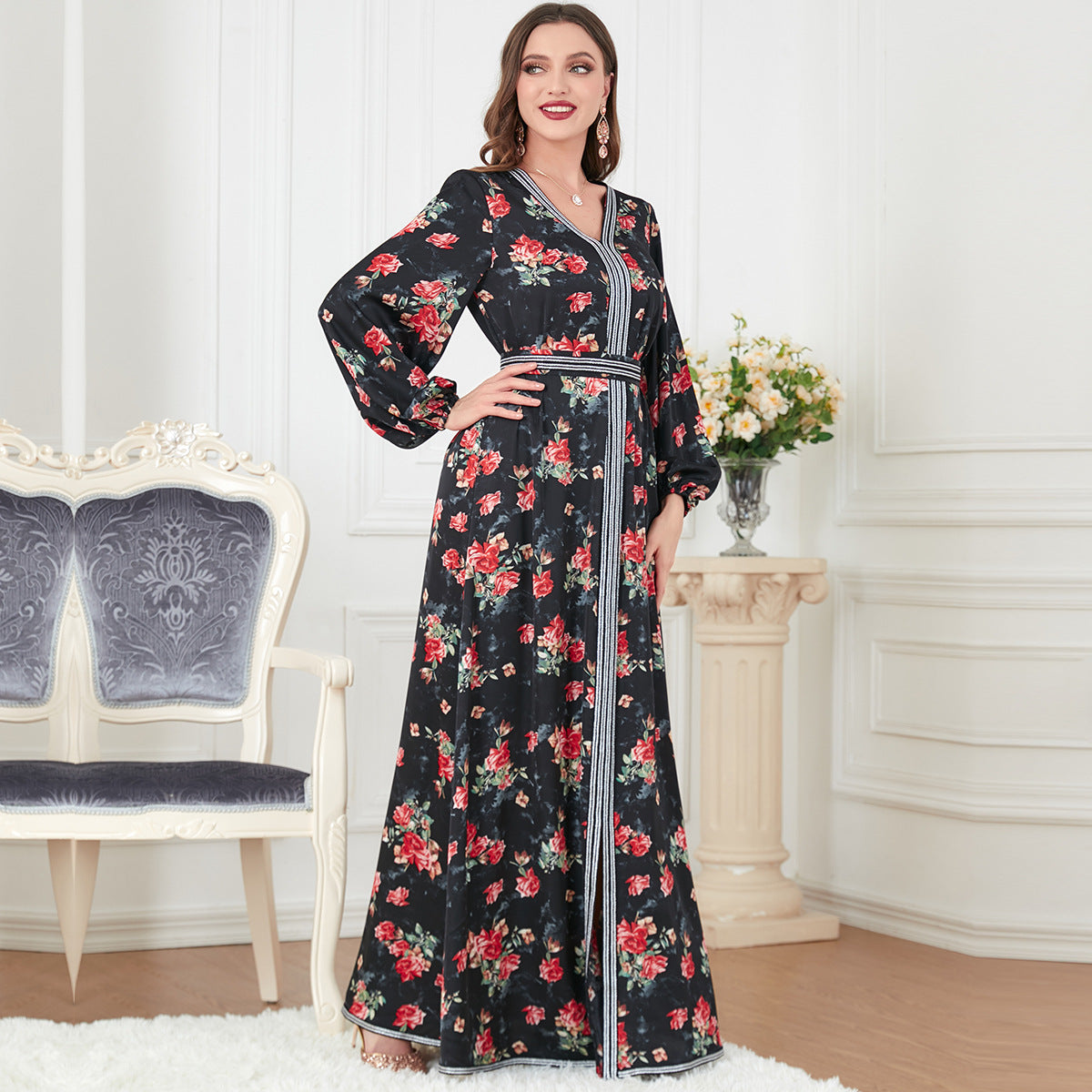Damen Elegantes Maxikleid mit floraler Print und V-Ausschnitt Sovae