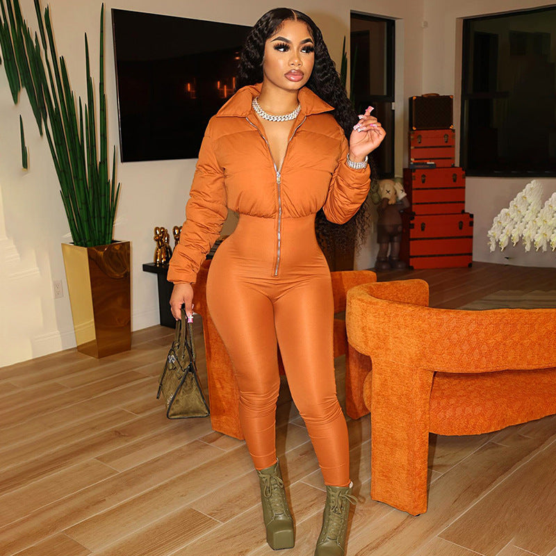 Damen modischer Stepp-Jumpsuit mit hohem Kragen und tailliertem Schnitt Sovae