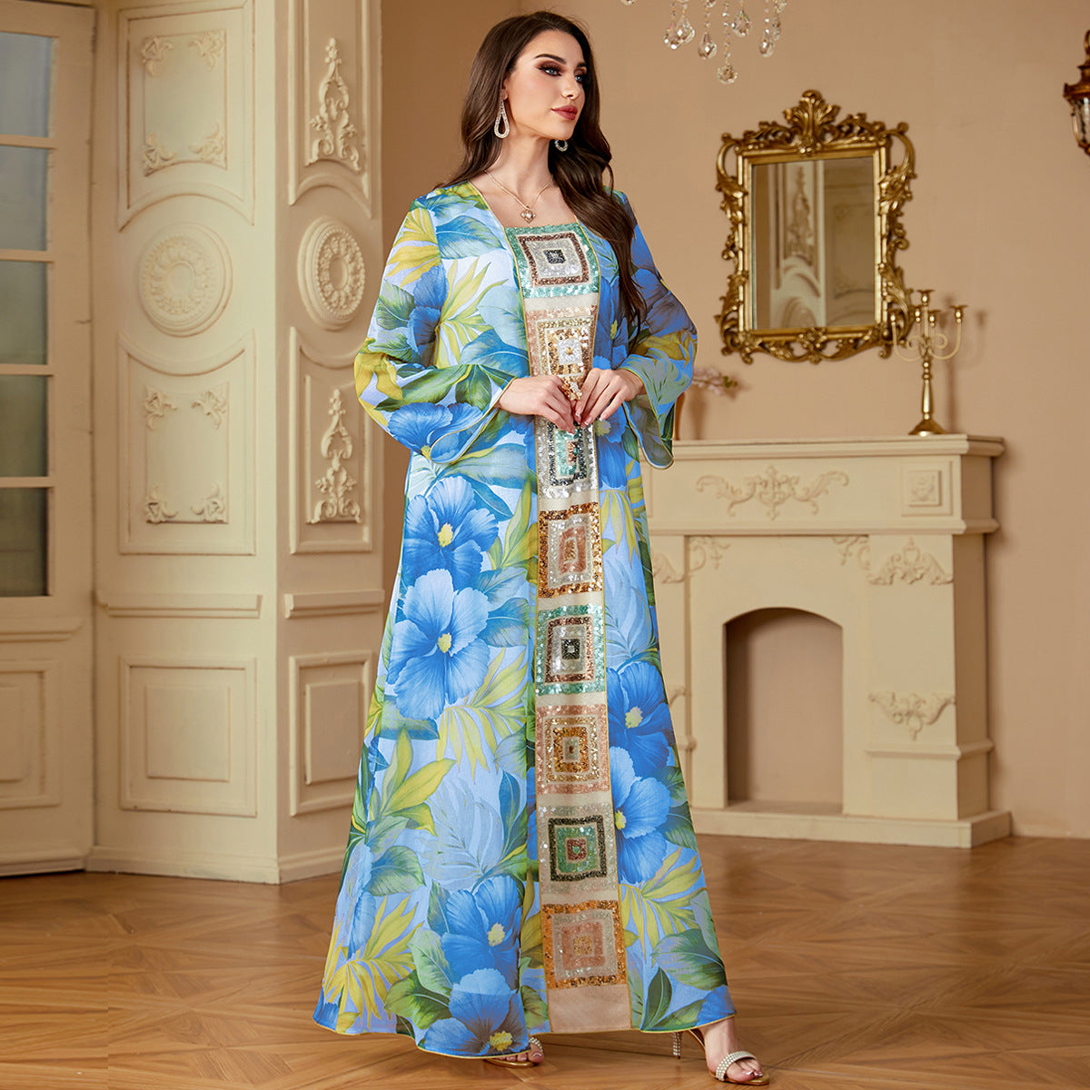 Damen Luftige Kaftan Robe mit prächtigen Blumenmustern Sovae