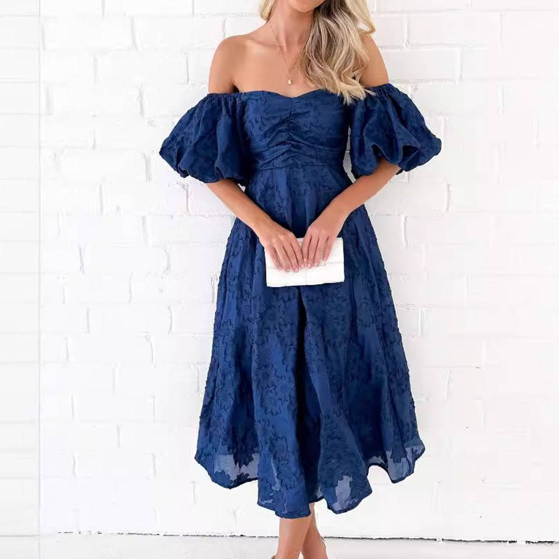 Damen Abendkleid mit Puffärmeln und floralem Jacquard-Muster Sovae