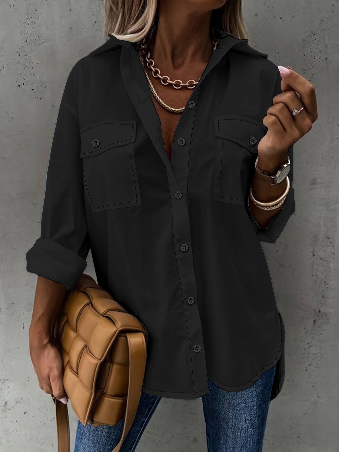 Damen stilvolle Hemdbluse mit Tasche Sovae