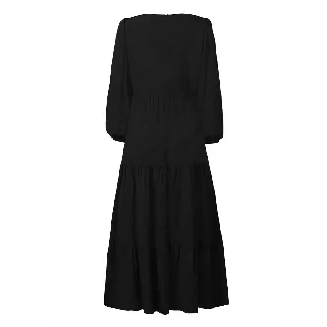 Damen fließendes Maxikleid mit V-Ausschnitt und eleganten Puffärmeln Sovae