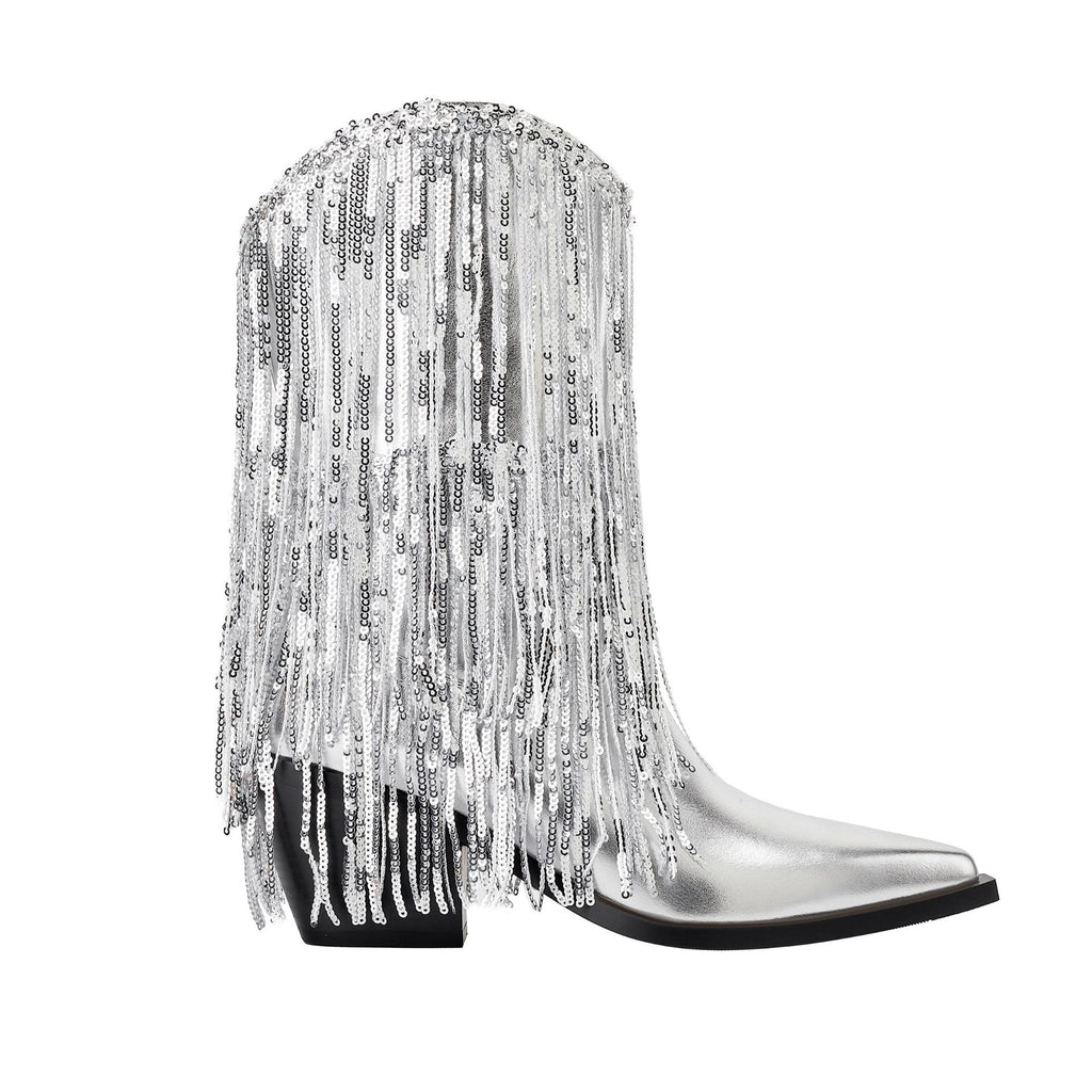 Damen Glitzernde Cowboy-Stiefel mit fransigen Applikationen Sovae