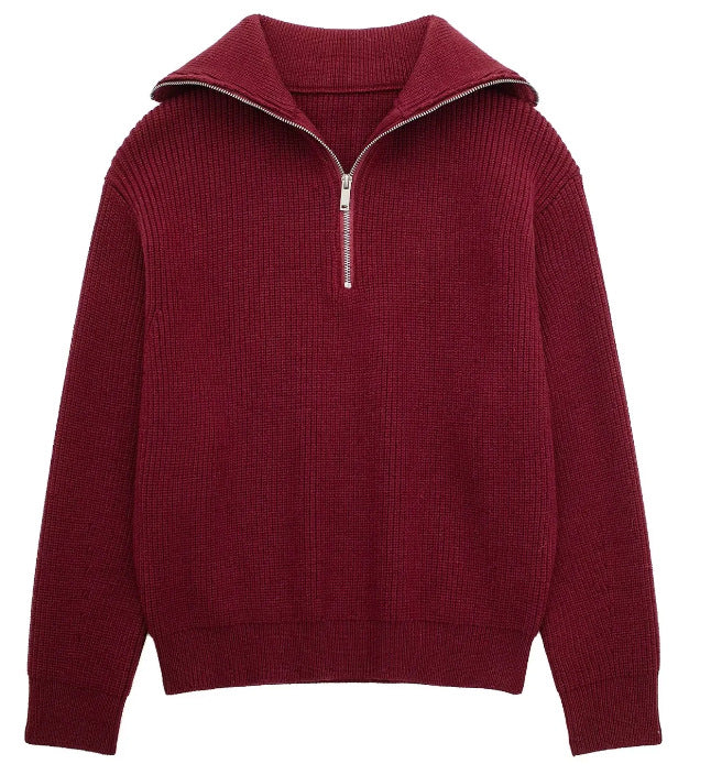 Damen modischer Strickpullover mit halbem Reißverschluss und Streifenmuster Sovae
