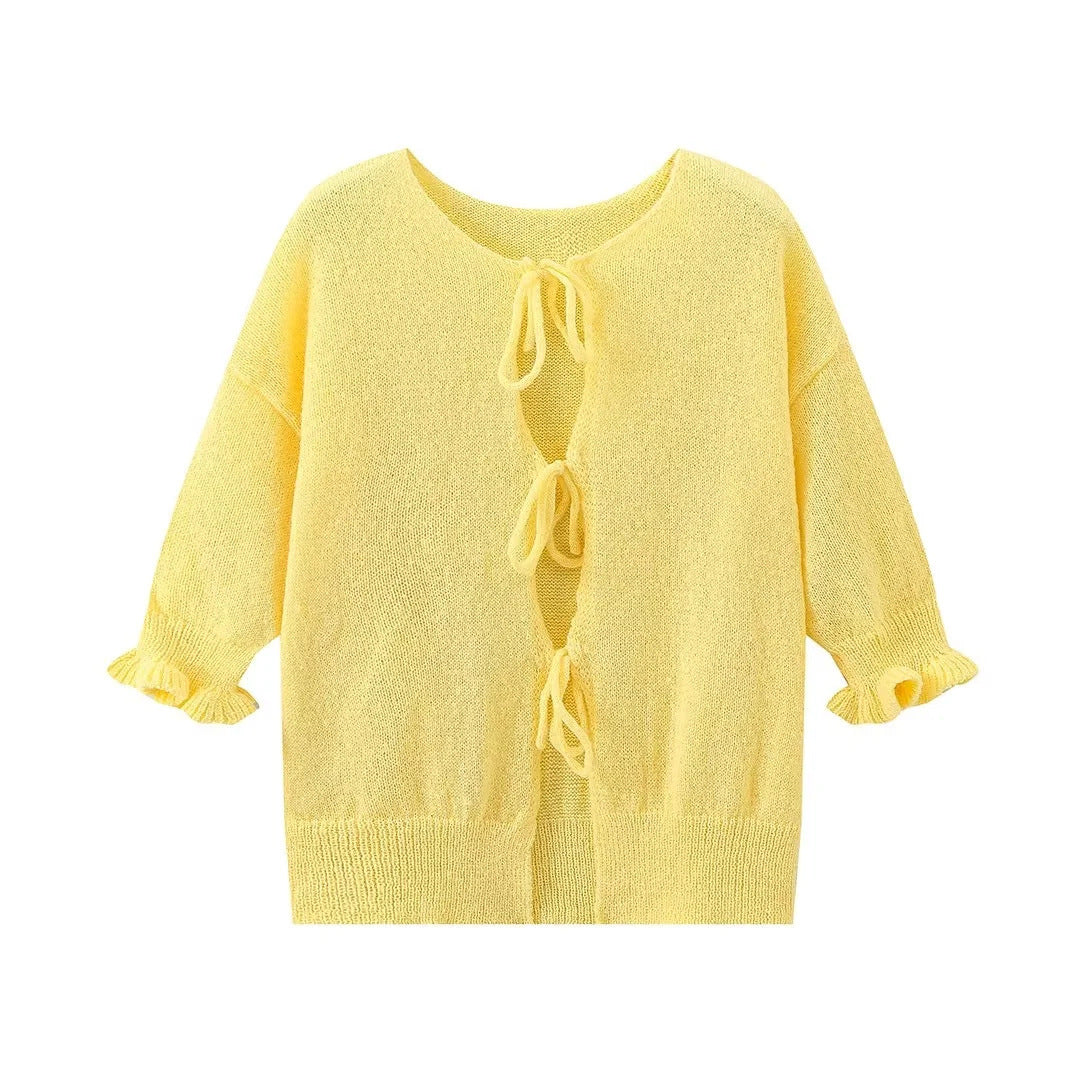 Damen lässiger Strickcardigan mit raffinierten Bindebändern und weiten Ärmeln Sovae