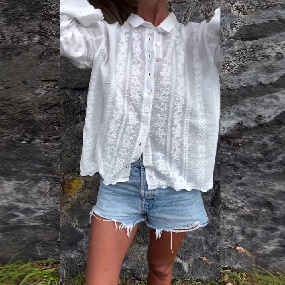 Damen luftige Bluse mit floralen Stickereien Sovae