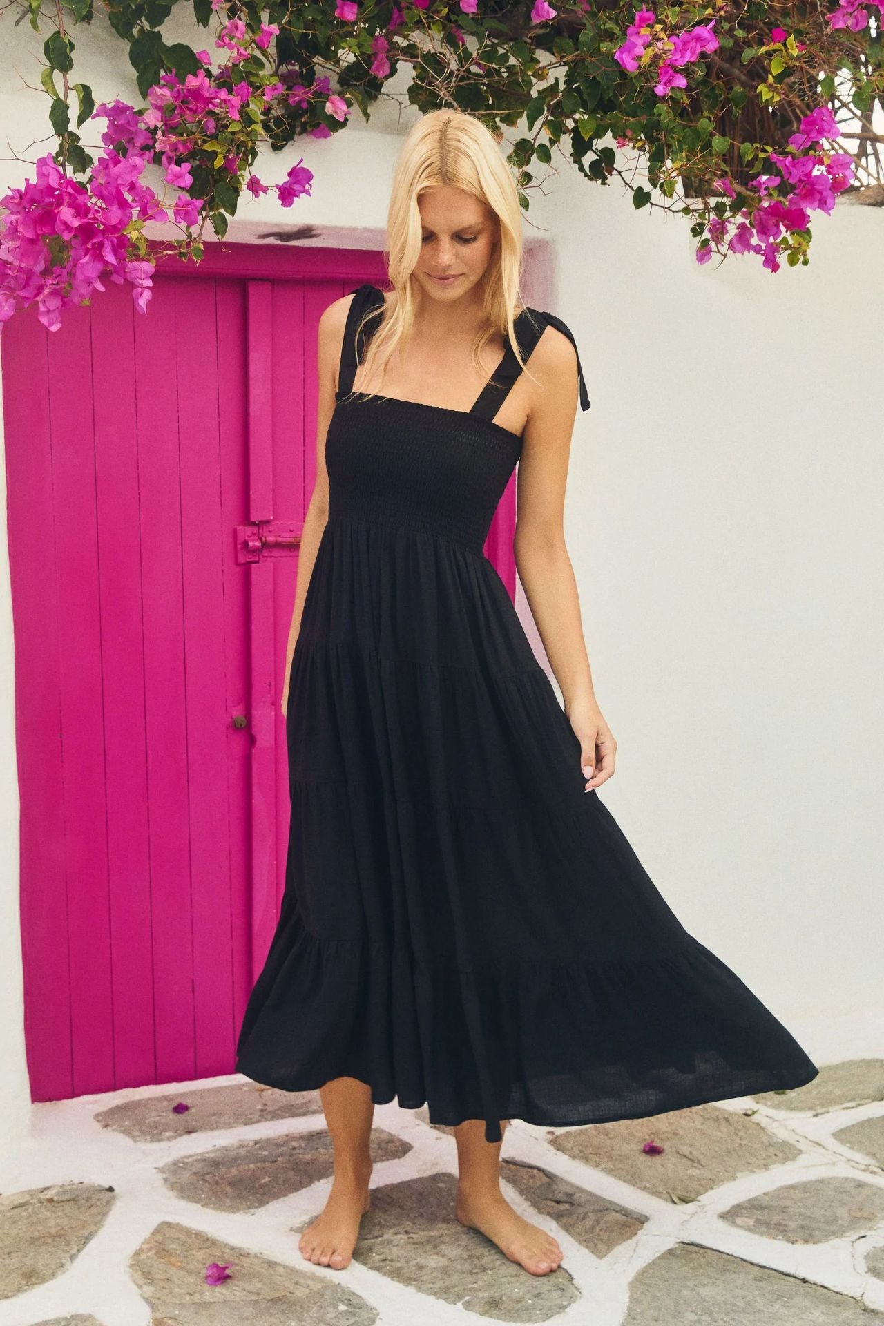 Damen luftiges Maxikleid mit Spaghettiträgern und Rüschendetails Sovae