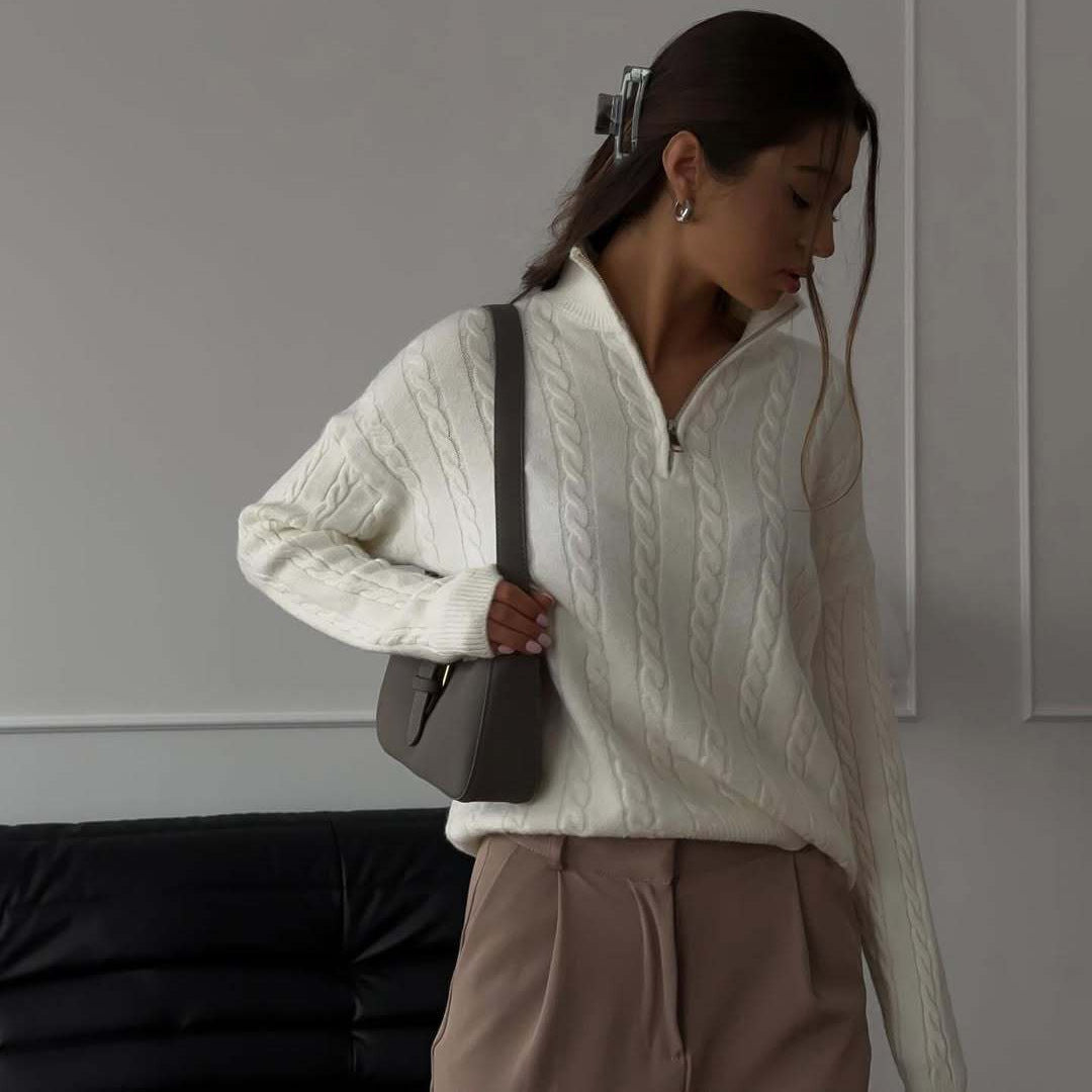 Damen Strickpullover mit Zopfmuster und kurzem Schnitt Sovae