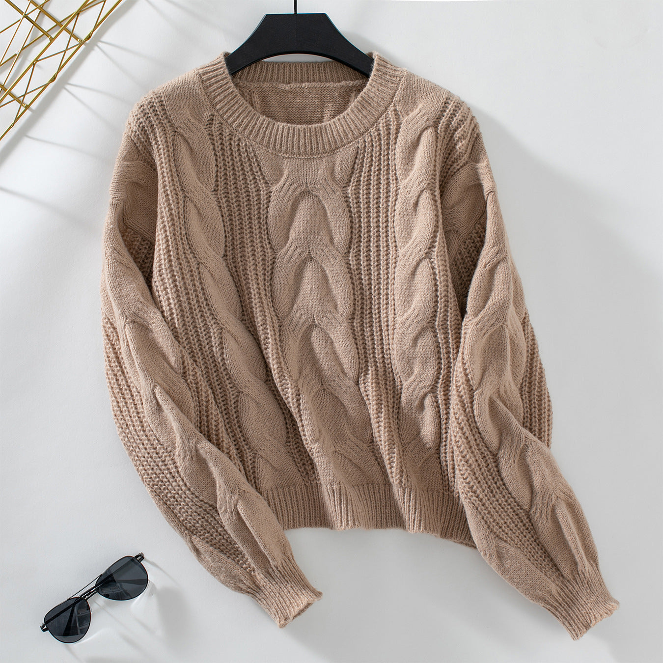 Damen grob gestrickter Pullover mit voluminösen Ärmeln und Zopfmuster Sovae