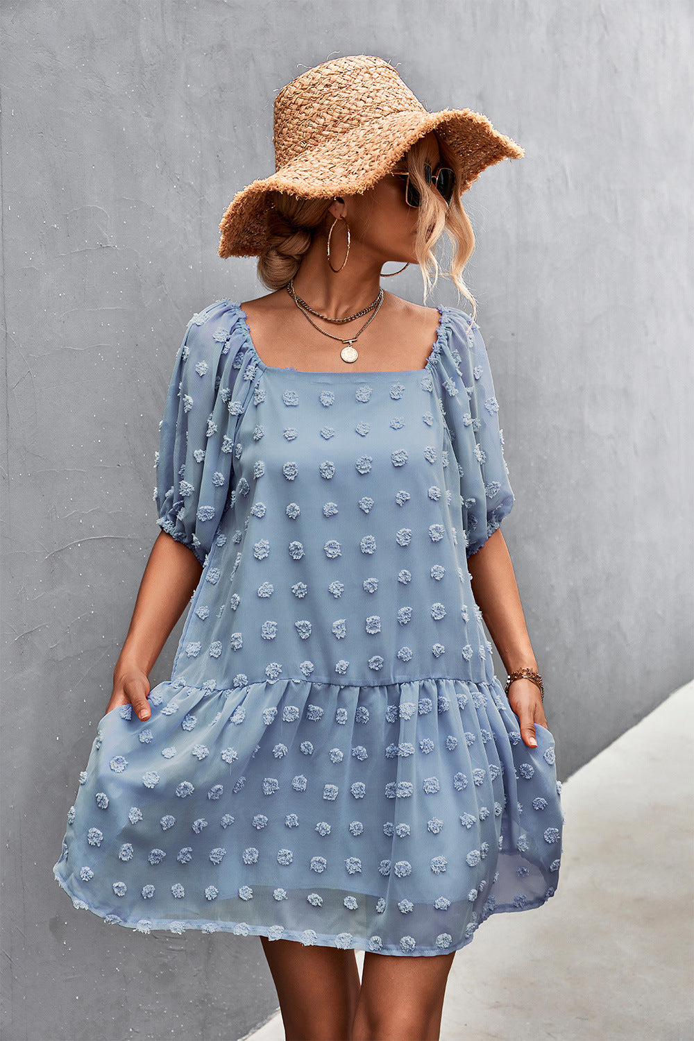 Damen Fließendes Minikleid mit 3/4-Ärmeln und verspieltem Rüschendesign Sovae