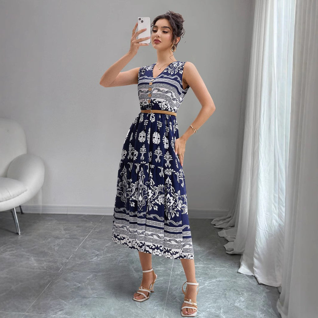Damen Midi-Kleid mit Knopfleiste und floralen Ornamenten Sovae