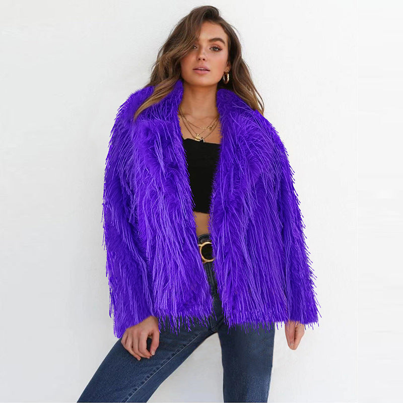 Damen Eleganter Kunstfellblazer mit breitem Kragen Sovae