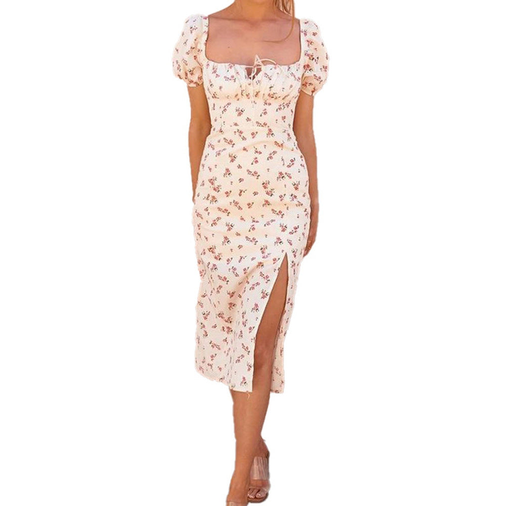 Damen romantisches Midi-Kleid mit Puffärmeln und floralem Muster Sovae