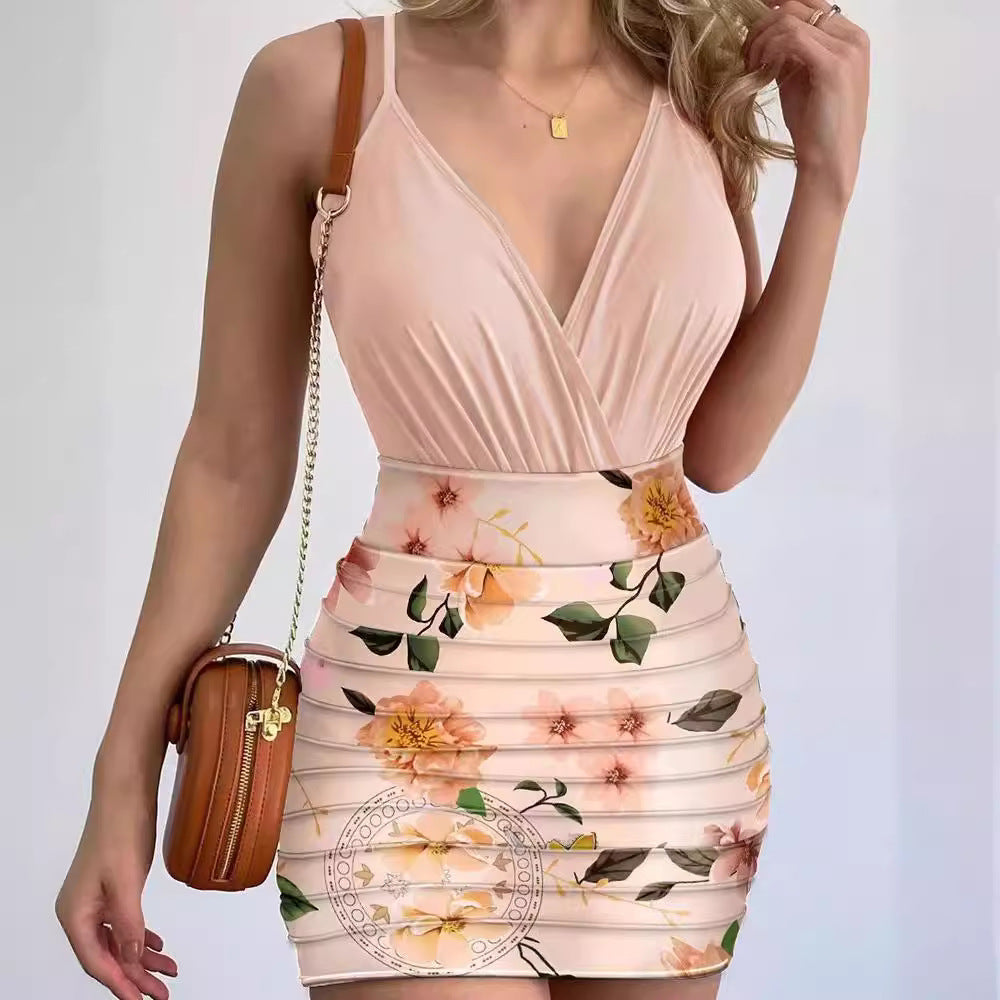 Damen Figurbetontes Minikleid mit floralem Design und tiefem V-Ausschnitt Sovae