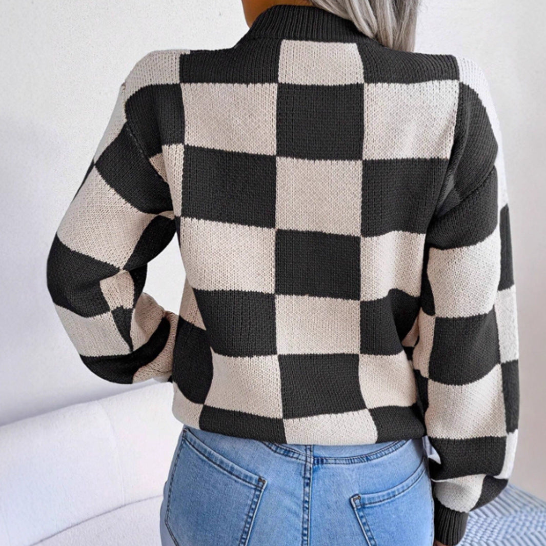 Damen Gemusterter Strickpullover mit Karomuster und modischem Rundhalsausschnitt Sovae