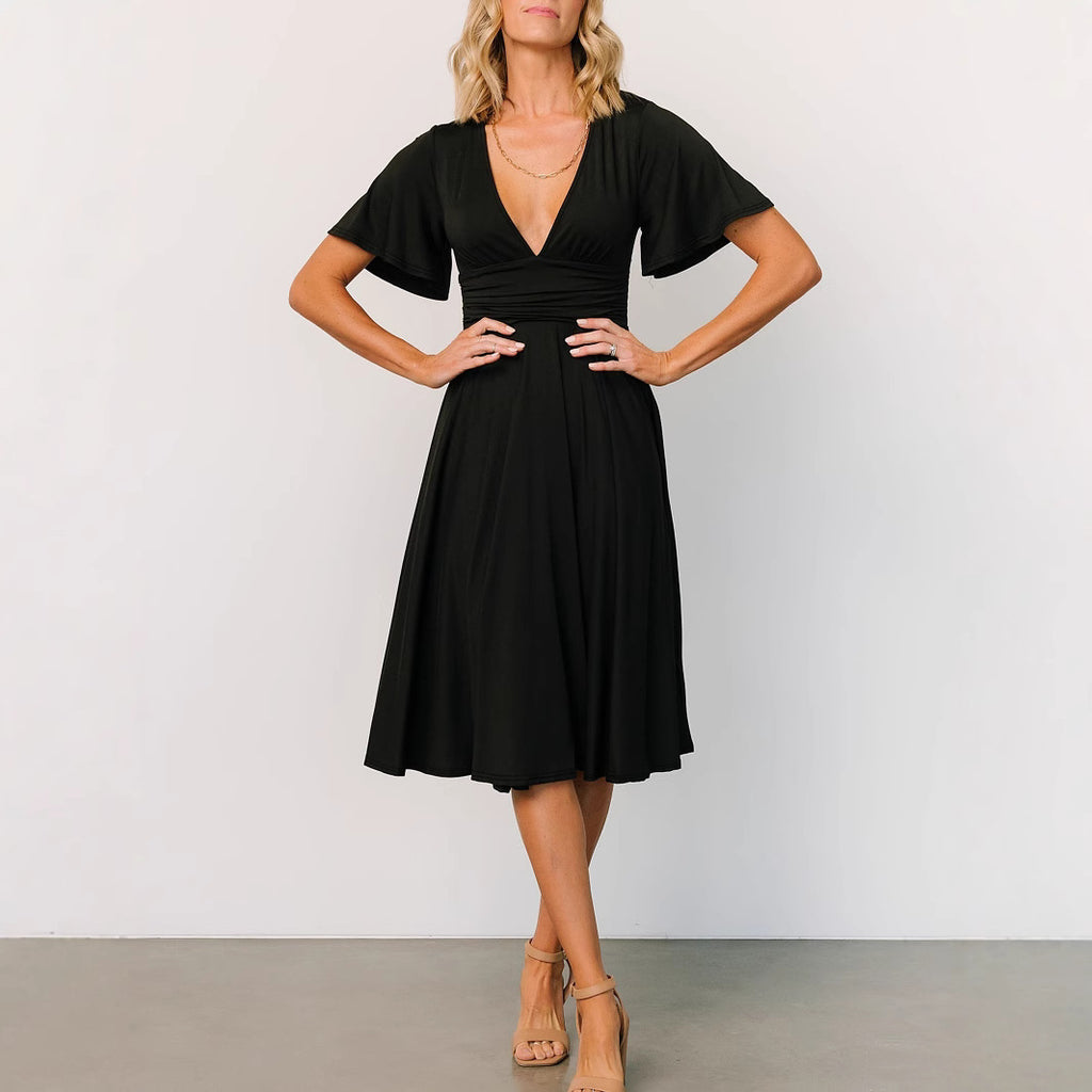 Damen Midikleid mit tiefem V-Ausschnitt und fließendem Schnitt Sovae
